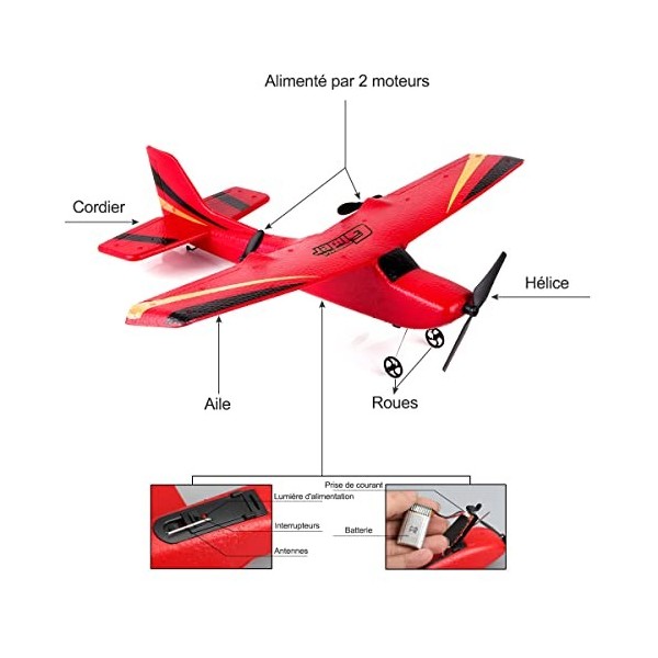 HAWKS WORK 2 CH Avion télécommandé Z50, RTF 2,4 GHz, Convient aux Enfants et aux débutants, Planeur Volant Rouge 