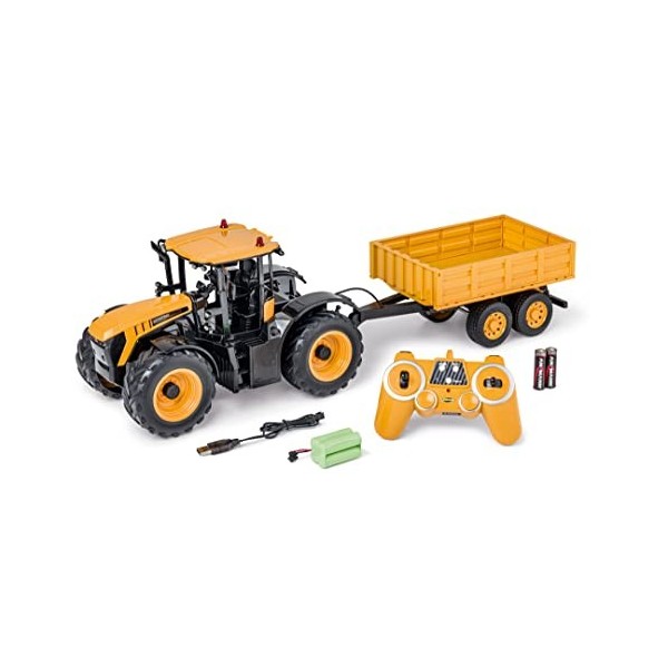 Carson 500907654 1:16 RC Tracteur JCB avec remorque 2.4G 100% RTR - Véhicule télécommandé, Tracteur avec Fonctions Son et lum