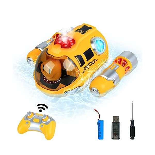 Kizeefun Bateau à Moteur télécommandé pour Enfants, 2,4 GHz Double hélice Bateaux RC étanches avec pulvérisation, lumière et 