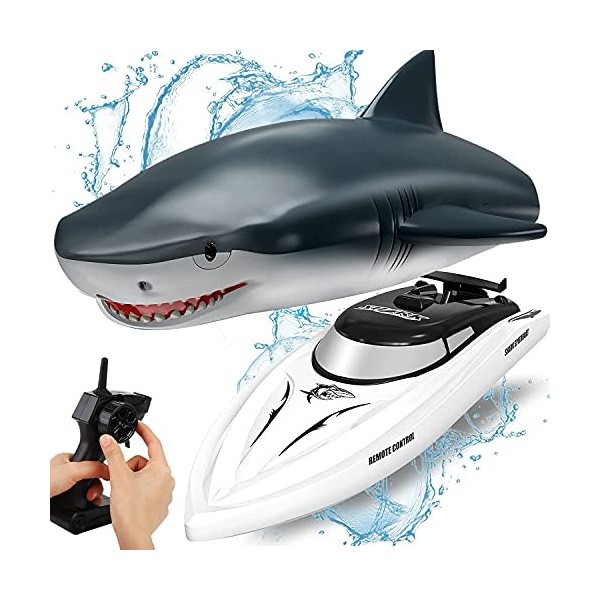 OBEST Jouet deau RC Bateau avec Requin, 2.4GHz Télécommandé 2 en 1 Shark Speedboat Electrique pour Enfants, Cadeau Dété pou