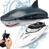 OBEST Jouet deau RC Bateau avec Requin, 2.4GHz Télécommandé 2 en 1 Shark Speedboat Electrique pour Enfants, Cadeau Dété pou