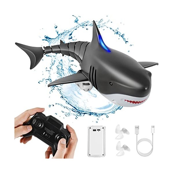 Kiztoys Requin Telecommandé, 2.4 GHz Télécommandé Requin Bateau Jouet RC Requin Simulation Shark Speedboat, Jouet de Piscine 