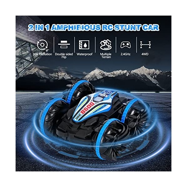 Voiture Télécommandée, Amphibie RC 2,4 GHz Stunt Car 360° Rotation 180° Flip Tout Terrain 4WD Bateau Télécommandé Jouet avec 