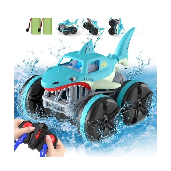 Voiture Telecommandé Tout Terrain Enfant, 360° Rotation 1:15 Camion Radiocommandée Amphibie Style Requin avec LED, 2.4GHz Jou