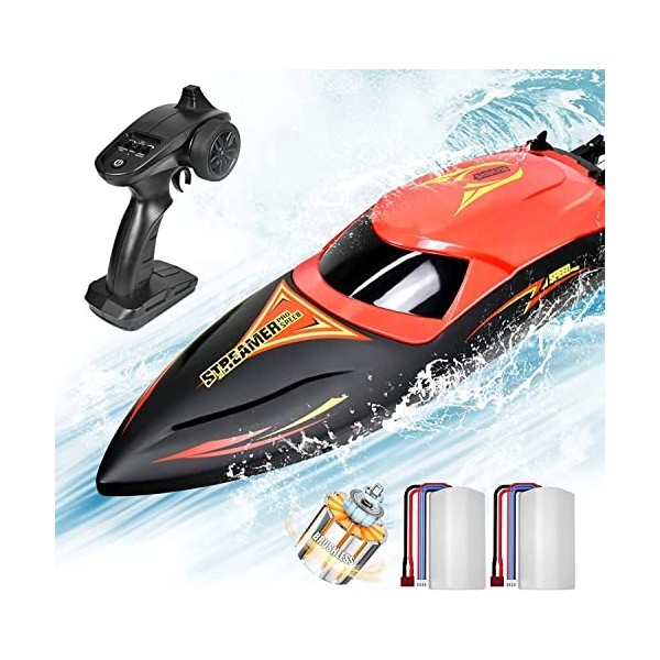 Hosim Bateau télécommandé Brushless 35+ KM/H, navire de haute vitesse RC avec éclairage LED, bateau de course avec 2 piles re