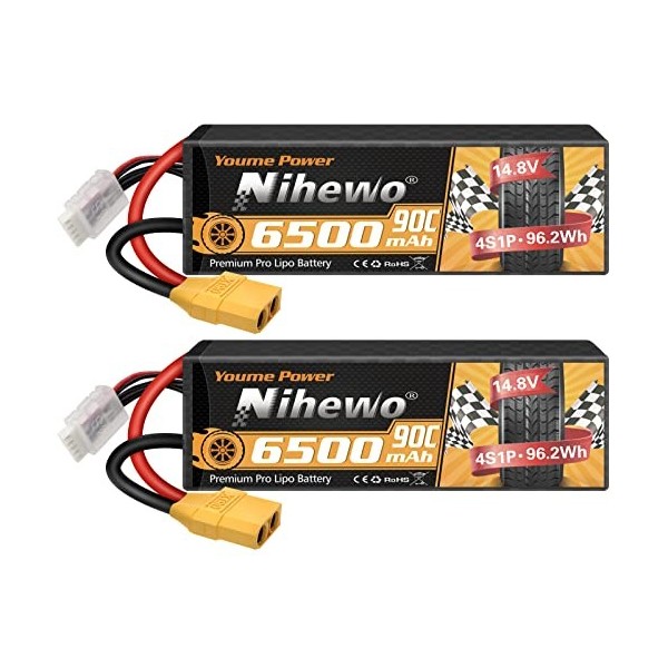 Nihewo Lot de 2 batteries Lipo 4S 14,8 V 6500 mAh 90 C HardCase Connecteur XT90 Compatible avec Arrma Losi 1/5 1/6 1/7 1/8 RC