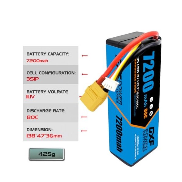 DXF Batterie Lipo RC 7200 mAh 3S 11,1 V 80 C avec connecteur XT90 pour voiture radiocommandée, hélicoptère, bateau, buggy, ca