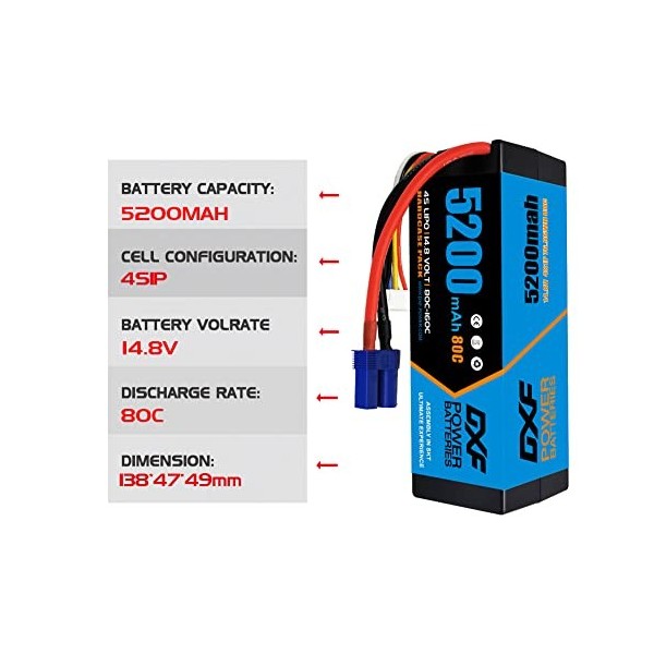 DXF Batterie Lipo 4S 14,8 V 80 C 5200 mAh RC Batterie avec prise EC5 pour voiture radiocommandée, camion, bateau, truggy RC H