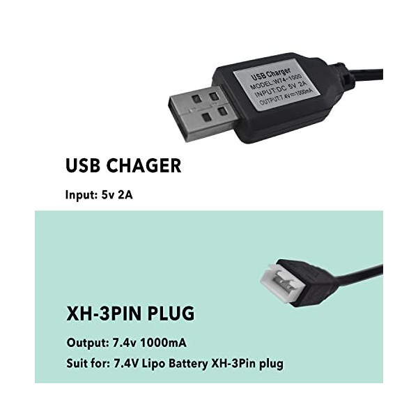 Lot de 2 câbles de charge USB LiPo 7,4 V avec fiche SM-3P pour véhicule miniature RC Buggy, voiture, camion, bateau