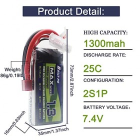 Batterie Lipo 2S RC 1300 mAh 35 C 7,4 V rechargeable au lithium polymère avec prise en T pour drone FPV Aircraft Quadcopter A