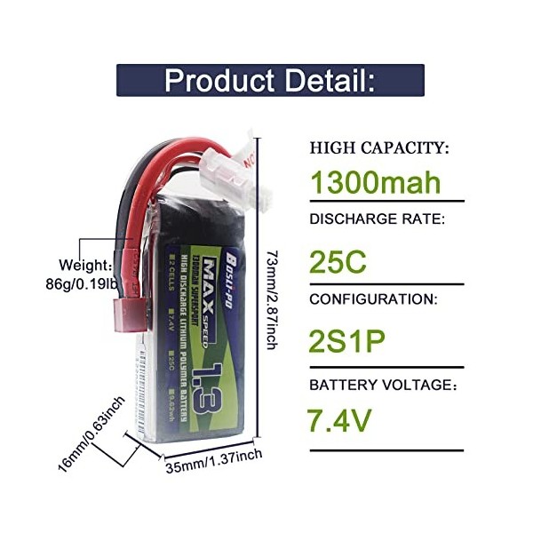 Batterie Lipo 2S RC 1300 mAh 35 C 7,4 V rechargeable au lithium polymère avec prise en T pour drone FPV Aircraft Quadcopter A