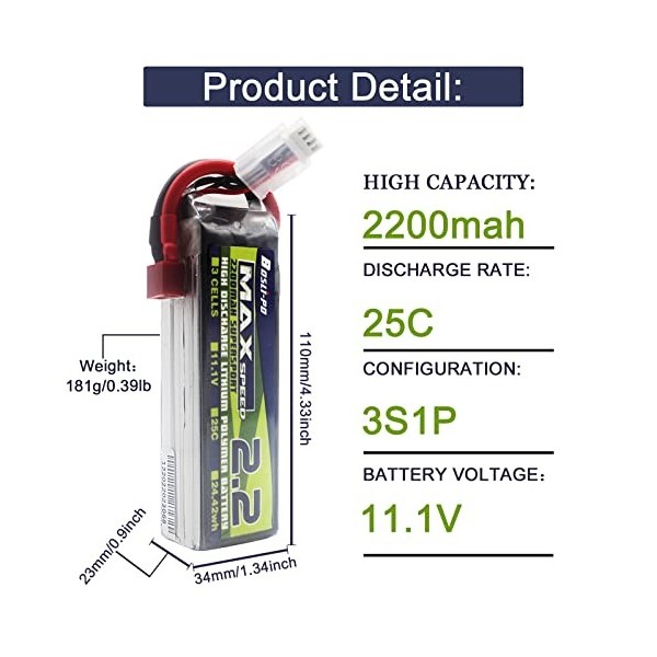 Batterie Lipo RC 3S 2200 mAh 35 C 11,1 V rechargeable au lithium polymère avec prise en T pour drone FPV Aircraft Quadcopter 