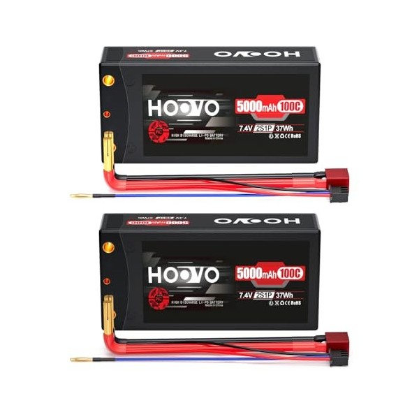 HOOVO Batterie RC 7,4 V 5000 mAh 100 C 2S Batteries Lipo Étui Rigide avec Prise Banane Deans 4,0 mm pour Voiture RC Bateau Ca