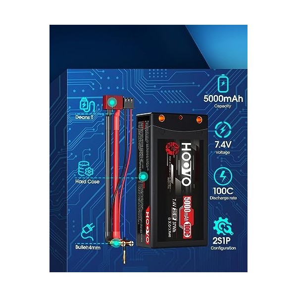 HOOVO Batterie RC 7,4 V 5000 mAh 100 C 2S Batteries Lipo Étui Rigide avec Prise Banane Deans 4,0 mm pour Voiture RC Bateau Ca