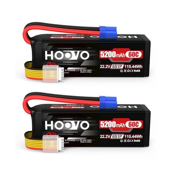 HOOVO 6S 5200mAh RC Batteries 22,2V 60C LiPo Batterie avec Prise EC5 pour Hélicoptère RC Avion RC Hélicoptère Aligner Avion H