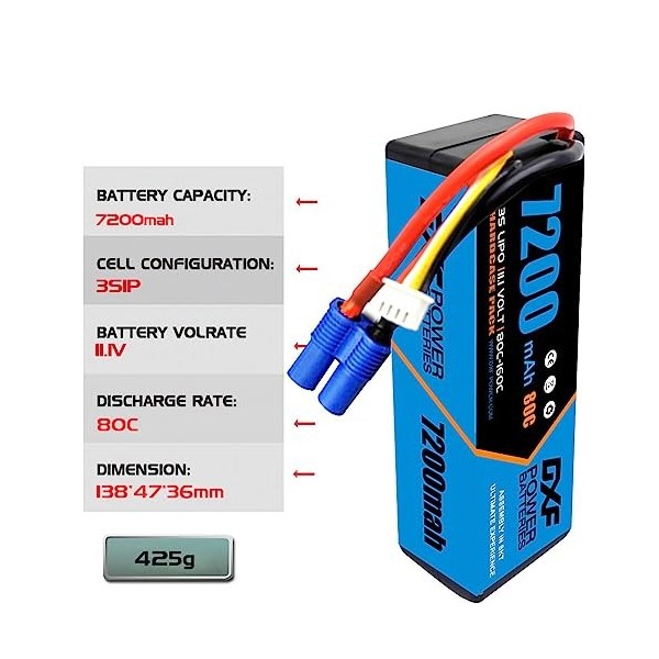 DXF Batterie RC 7200 mAh 3S 11,1 V 80 C Coque rigide Lipo avec connecteur EC5 pour voiture RC aéroplane, hélicoptère, bateau,