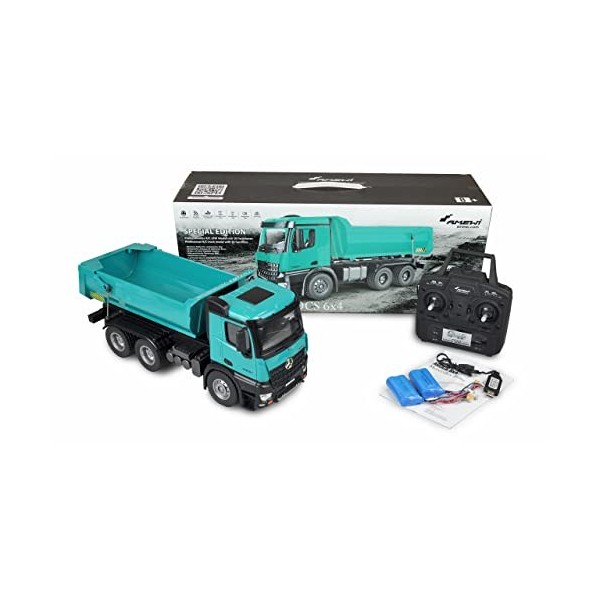 Amewi 22533 Mercedes Camion Benne basculante Pro Metal V2 Véhicule sous Licence 2,4 GHz RTR Bleu pétrole avec Batterie supplé