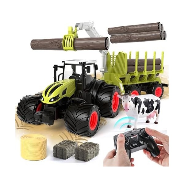 Hyrenee Tracteur télécommandé avec remorque forestière Jouets agricoles RC Ferme forestière Bras de Grue articulé1/24 Echelle