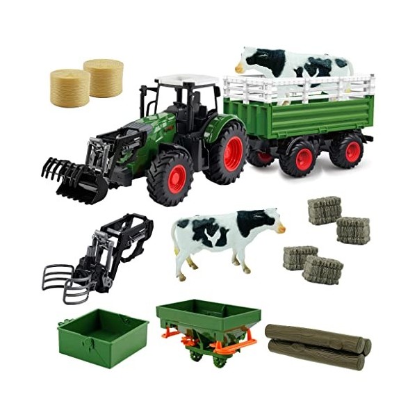 Hyrenee Tracteur télécommandé avec remorque forestière Jouets agricoles RC Ferme forestière Bras de Grue articulé1/24 Echelle