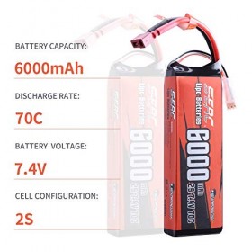 SUNPADOW Batterie Lipo 2S 7,4 V 6000 mAh 70C avec prise en T Deans pour véhicules radiocommandés, camions, bateaux, vehicles,