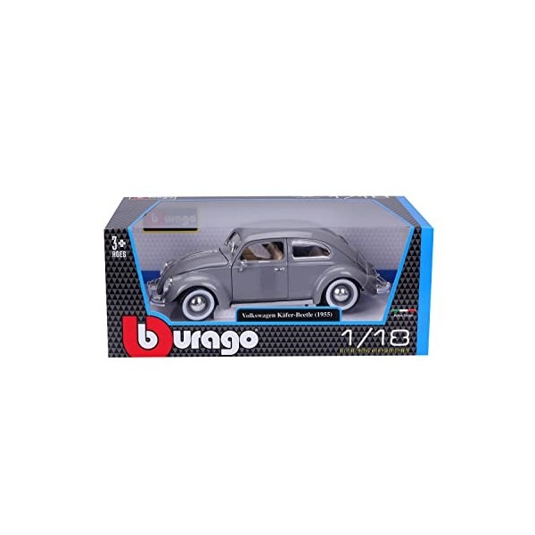 Burago- Volkswagen Coccinelle May Cheong GROUP-BBURAGO-1/18 VOLSKWAGEN KAFER Beetle 1955-Gris-Véhicule pour Enfant dès 3 ans-