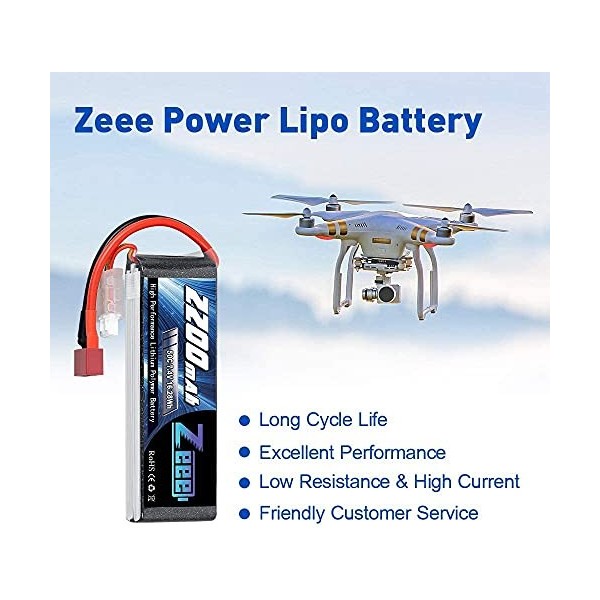 Zeee 2S Lipo Batterie 2200mAh 7,4V 50C 2S Batterie RC avec connecteur T pour FPV Racing Drones Vélo de Route Quadcopters Avio