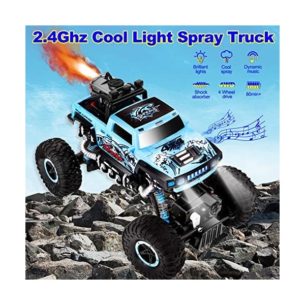1:16 Voiture Télécommande, 2,4 GHz Tout Terrain RC Monster Truck, 4WD Rock Crawler avec Lumières LED et Effets Sonores Dynami