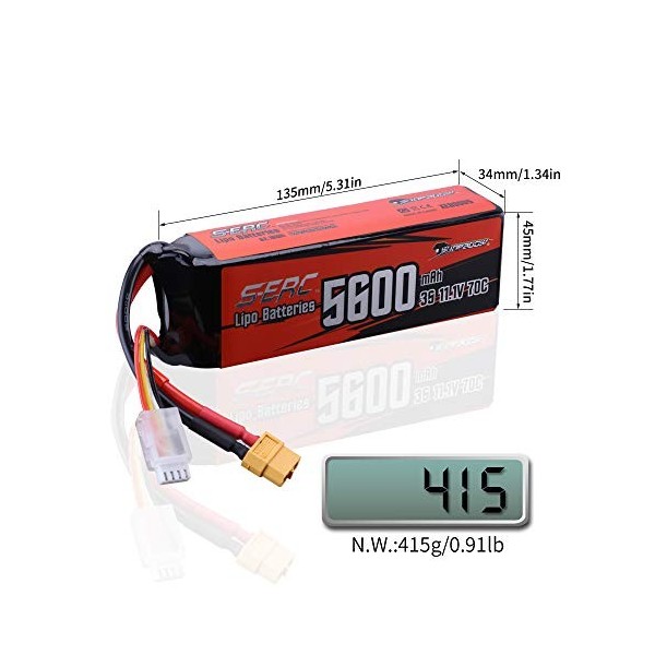 Sunpadow - Batterie LiPo 3S 11,1 V 5600 mAh 70 C - Avec connecteur XT60 - Pour véhicules RC - Camion citerne, bateau, course,