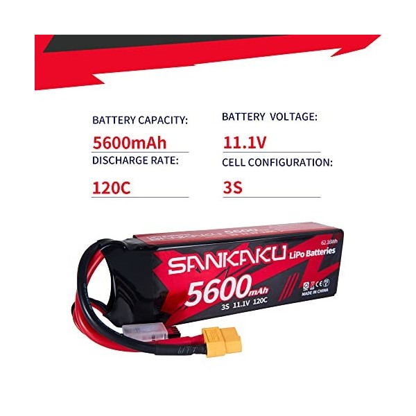 SANKAKU 3S Batterie LiPo 11.1V 120C 5600mAh Lipo Coque Rigide avec Prise XT60 pour véhicules télécommandés,Camion,réservoir,B