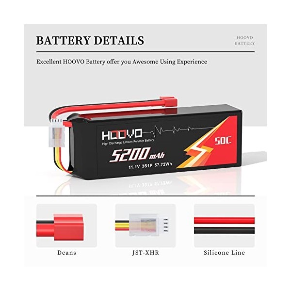 HOOVO Batterie Lipo 11,1 V 50 C 5200 mAh 3S RC avec prise Deans en T pour RC avion, quadcopter, avion, RC hélicoptère, camion