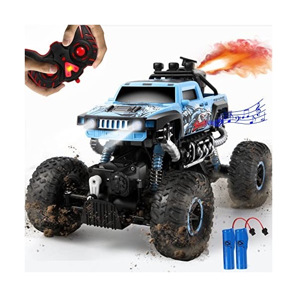 DULANKUN Voiture télécommandée 1:16, camion monstre tout-terrain 2,4 GHz, 4WD Rock Crawler avec lumières LED et musique dynam