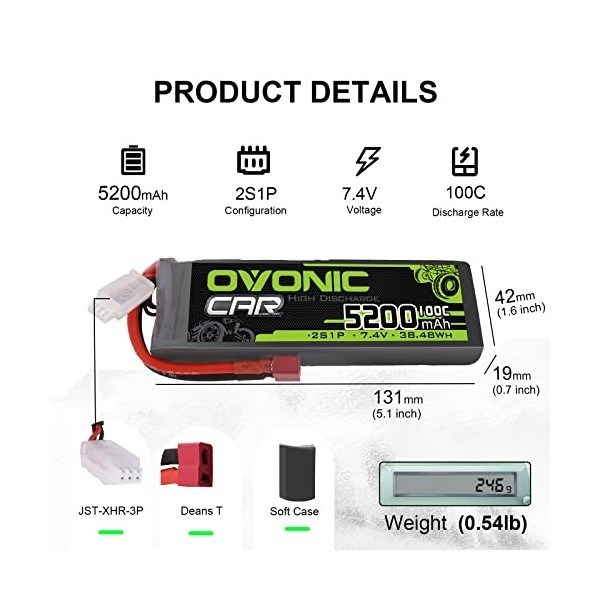 OVONIC 2s Lipo Batterie 5200mAh 100C 7.4V Étui Souple avec Connecteur pour RC Hélicoptère RC Voiture Camion Bateau Hobby 2pc