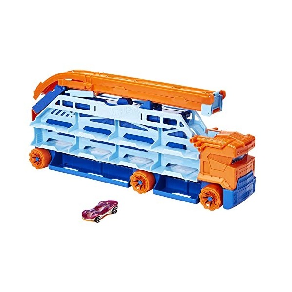 Hot Wheels City Transporteur de l’Extrême Véhicule, 1 Voiture Incluse, se transforme en Rampe de 60 cm de Haut, Jouet Enfant,