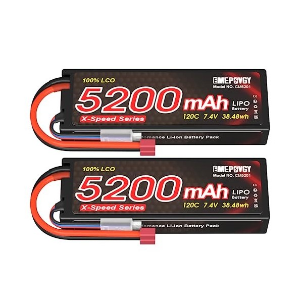 EMEPOVGY Lot de 2 batteries Lipo RC 2S RC 7,4 V 5200 mAh 120 C avec connecteur Deans T pour voiture, bateau, camion, hélicopt