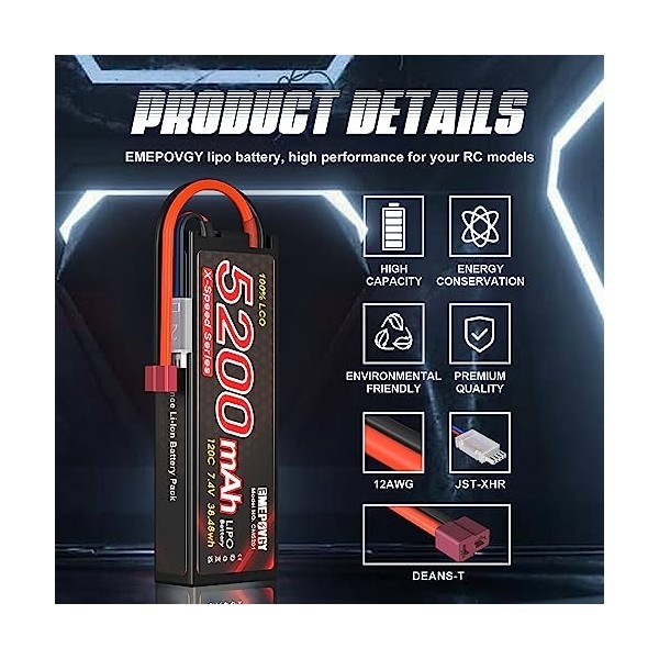 EMEPOVGY Lot de 2 batteries Lipo RC 2S RC 7,4 V 5200 mAh 120 C avec connecteur Deans T pour voiture, bateau, camion, hélicopt