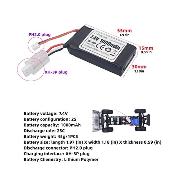 ZYGY Lot de 2 batteries au lithium PH2.0 7,4 V 1000 mAh pour camion SCX24 RC échelle 1:24 SCX24 RC batterie de rechange de vo