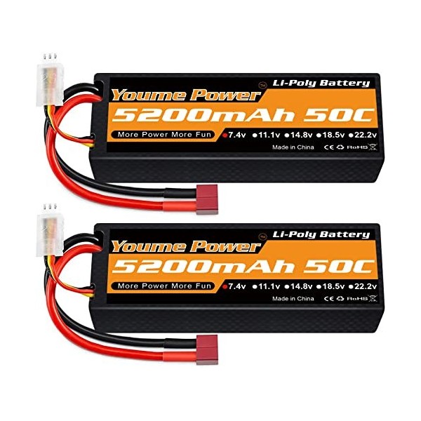 Lot de 2 batteries Lipo 2S 5200 mAh 50 C 7,4 V avec connecteur Deans T compatible avec les véhicules Losi Axial 1/8 1/10 RC v