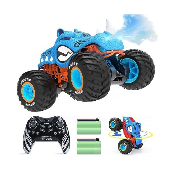 DEERC Monster Truck télécommandé pour garçons, Voiture RC 4 WD motrices pivotante à 360° avec lumières LED, Brouillard deau 