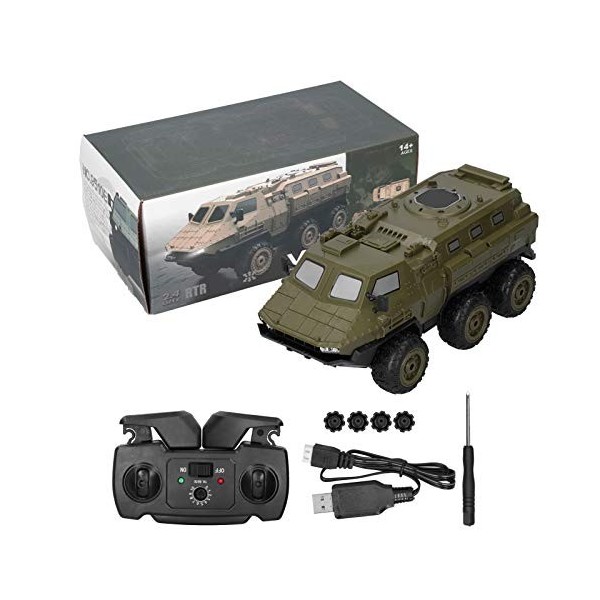 Drfeify Camion Blindé RC, 2.4GHz 1/16 Camion Militaire RC 6WD Véhicule Blindé Voiture RC pour 14 Ans et Plus