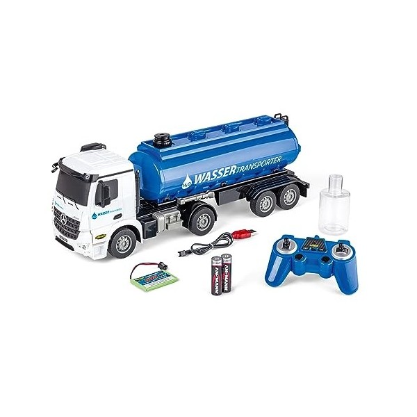 Carson 500907665 Camion-citerne à Eau 1:26 MB Arocs 100% RTR - Véhicule radiocommandé, Camion avec Sons et lumières, avec Pil