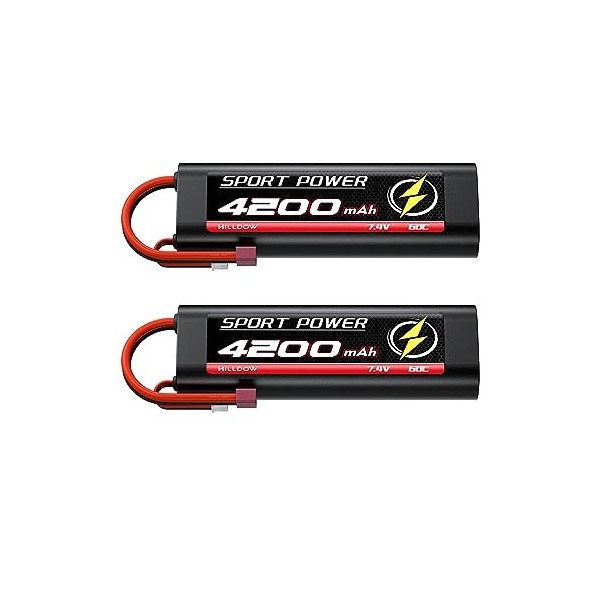 Hilldow M38 RC Batterie 2S LiPo 4200mAh 7.4V avec Prise Deans T, 2 Packs Hardcase Batterie Lipo Rechargeable pour RC Cars Cam