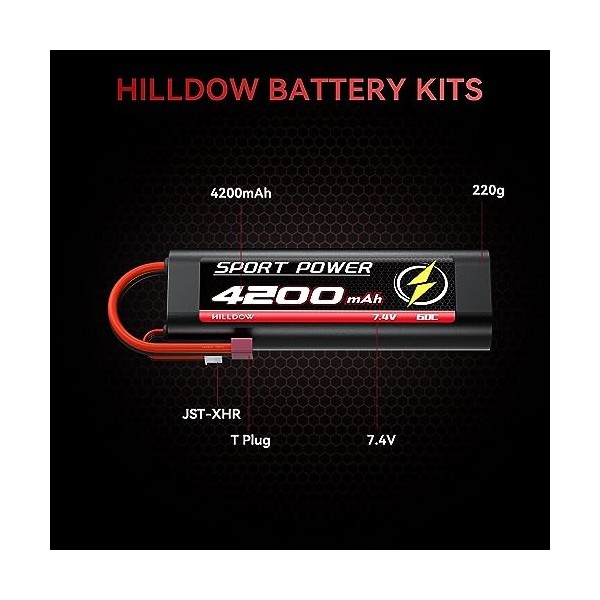 Hilldow M38 RC Batterie 2S LiPo 4200mAh 7.4V avec Prise Deans T, 2 Packs Hardcase Batterie Lipo Rechargeable pour RC Cars Cam