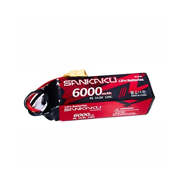 SANKAKU 6000mAh 4S Batterie LiPo RC 14.8V 120C Batterie Lithium Polymère Coque Rigide avec Prise XT90 pour véhicules télécomm