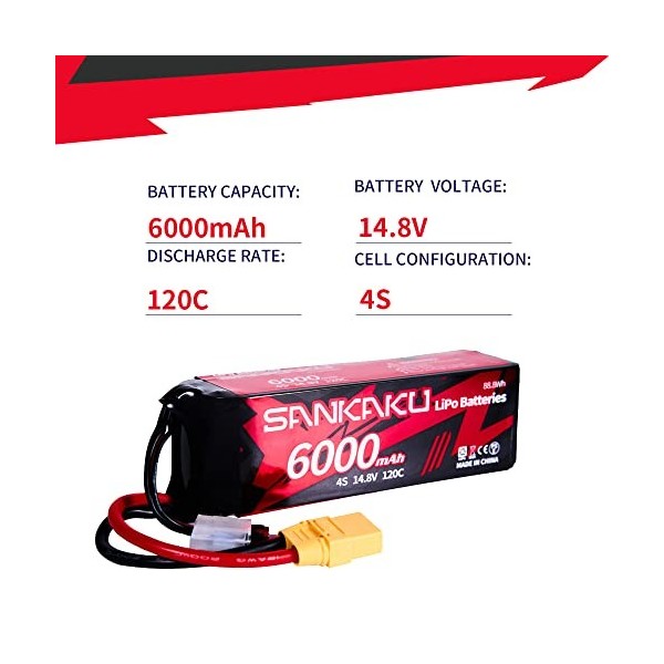 SANKAKU 6000mAh 4S Batterie LiPo RC 14.8V 120C Batterie Lithium Polymère Coque Rigide avec Prise XT90 pour véhicules télécomm