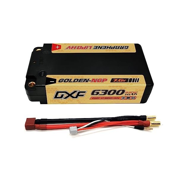 DXF Batterie LiPo courte 2S 7,6 V 140 C 6300 mAh HV Coque rigide dorée NGP RC avec boule de 5 mm vers fiche en T pour voiture