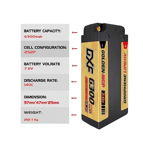 DXF Batterie LiPo courte 2S 7,6 V 140 C 6300 mAh HV Coque rigide dorée NGP RC avec boule de 5 mm vers fiche en T pour voiture