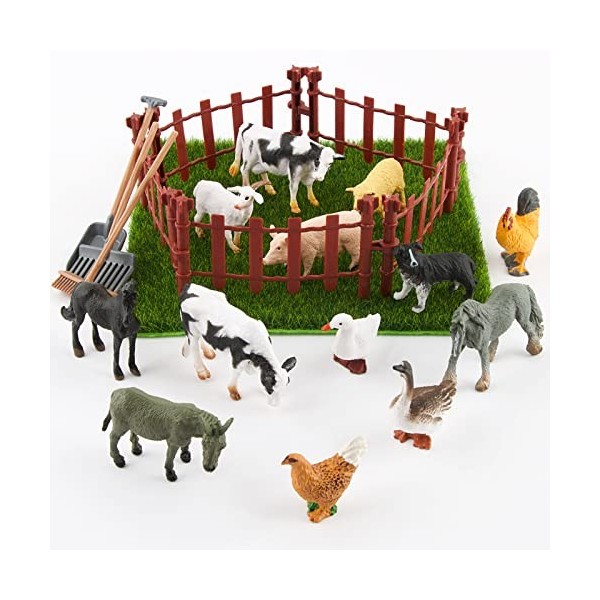 COLOFALLA 28PCS Figurines Animaux et Accessoire de Ferme Miniature  Bricolage Jardin Ornements Animaux Décoration Cadeau Enfan