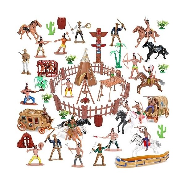 Wild West Cowboys et Indiens - Lot de 77 jouets éducatifs - Seau dIndiens amérindiens - Figurines daction et accessoires po