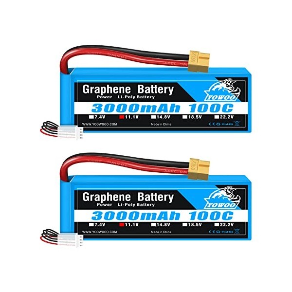 Yowoo Lipo Batterie 3S 3000mAh 100C 11,1V RC Graphène Batterie avec Connecteur XT60 pour RC Avion Hélicoptère Voiture Camion 