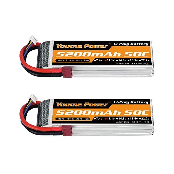 2 Packs 11.1v Lipo Batterie 5200mAh, 3S Lipo Batterie 50C avec Prise Deans T pour Voiture/Camion, Bateau, Drone, Buggy, trugg